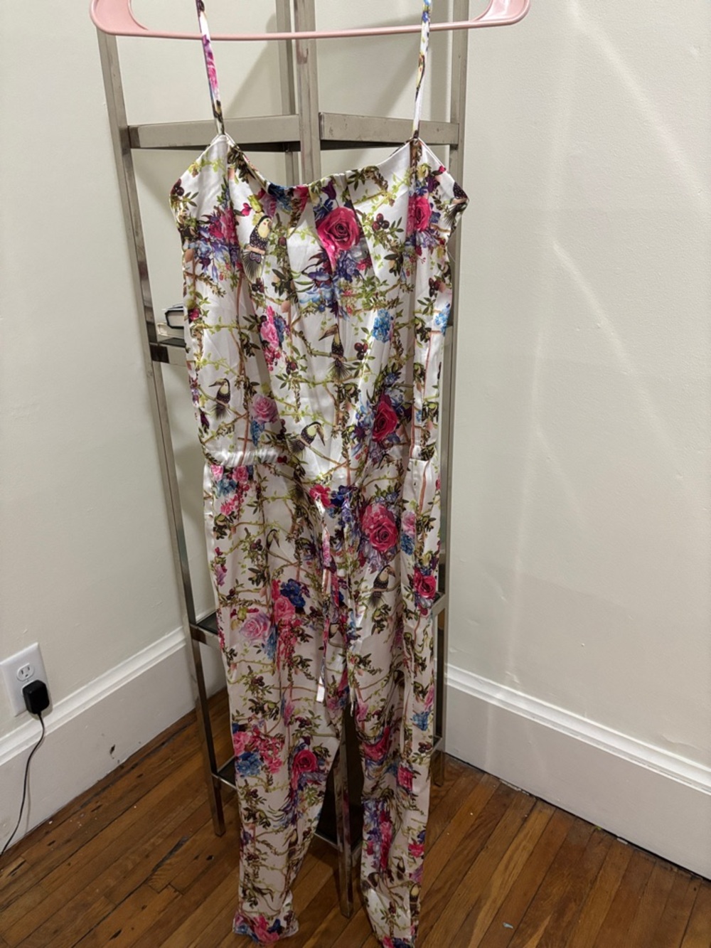 Floral Spaghetti-Strap Jumpsuit in White with Pink Rose Print